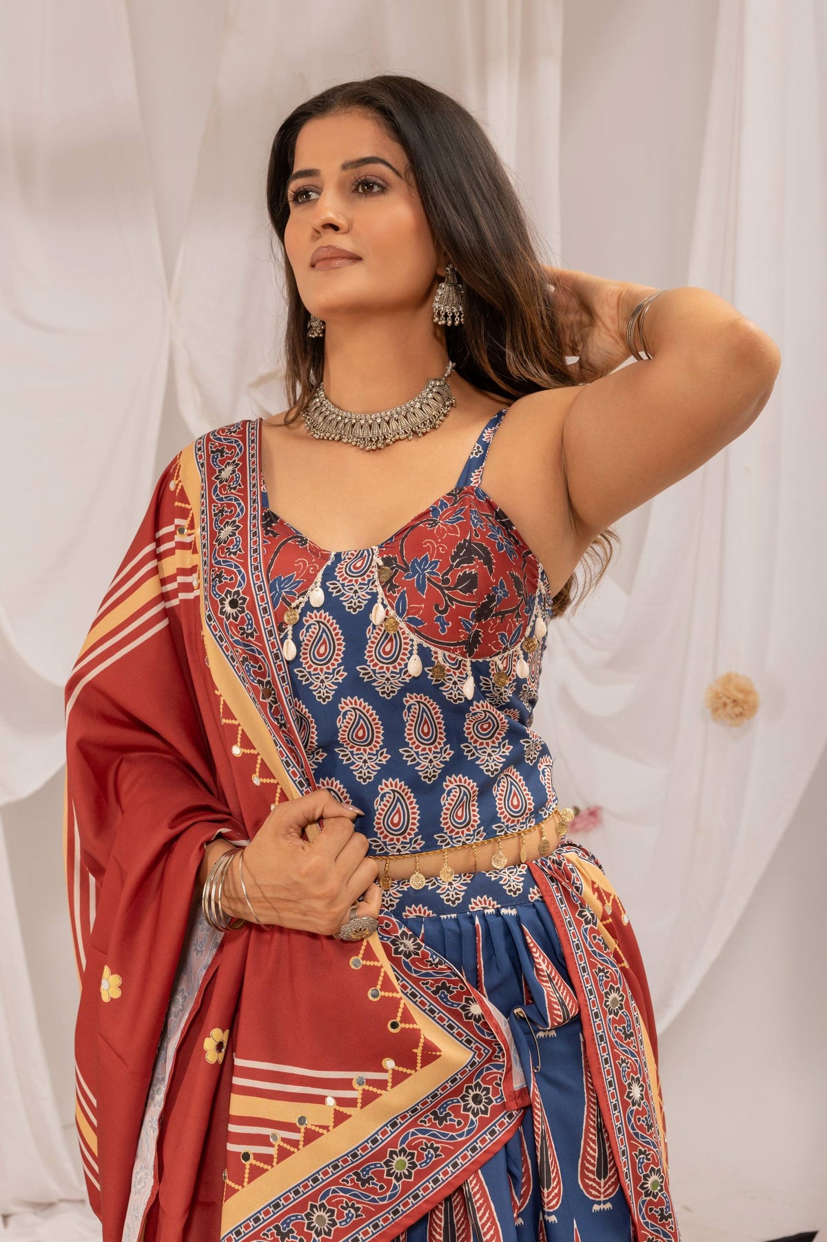 Traditional Roots – Natural Crepe Ajrakh Print Navratri Chaniya Choli Set