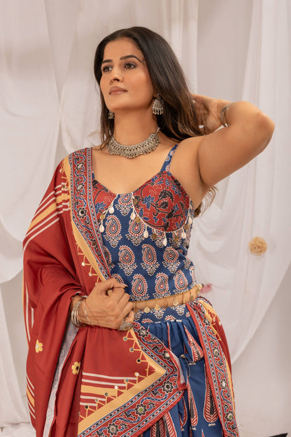 Traditional Roots – Natural Crepe Ajrakh Print Navratri Chaniya Choli Set