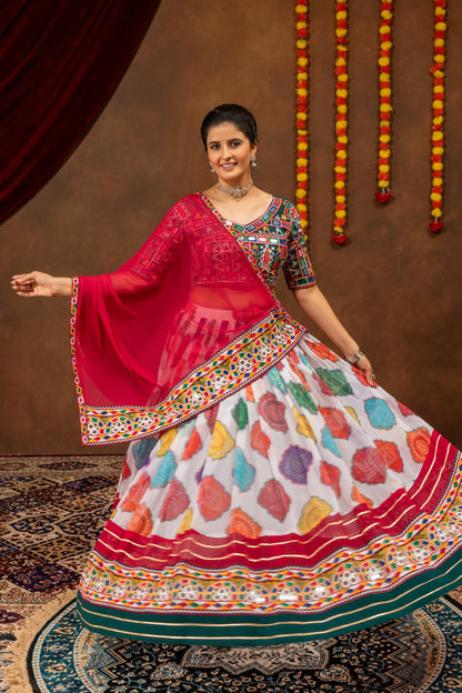 Multi-Color Printed Faux Georgette Navratri Lehenga Choli Set with Mirror Work