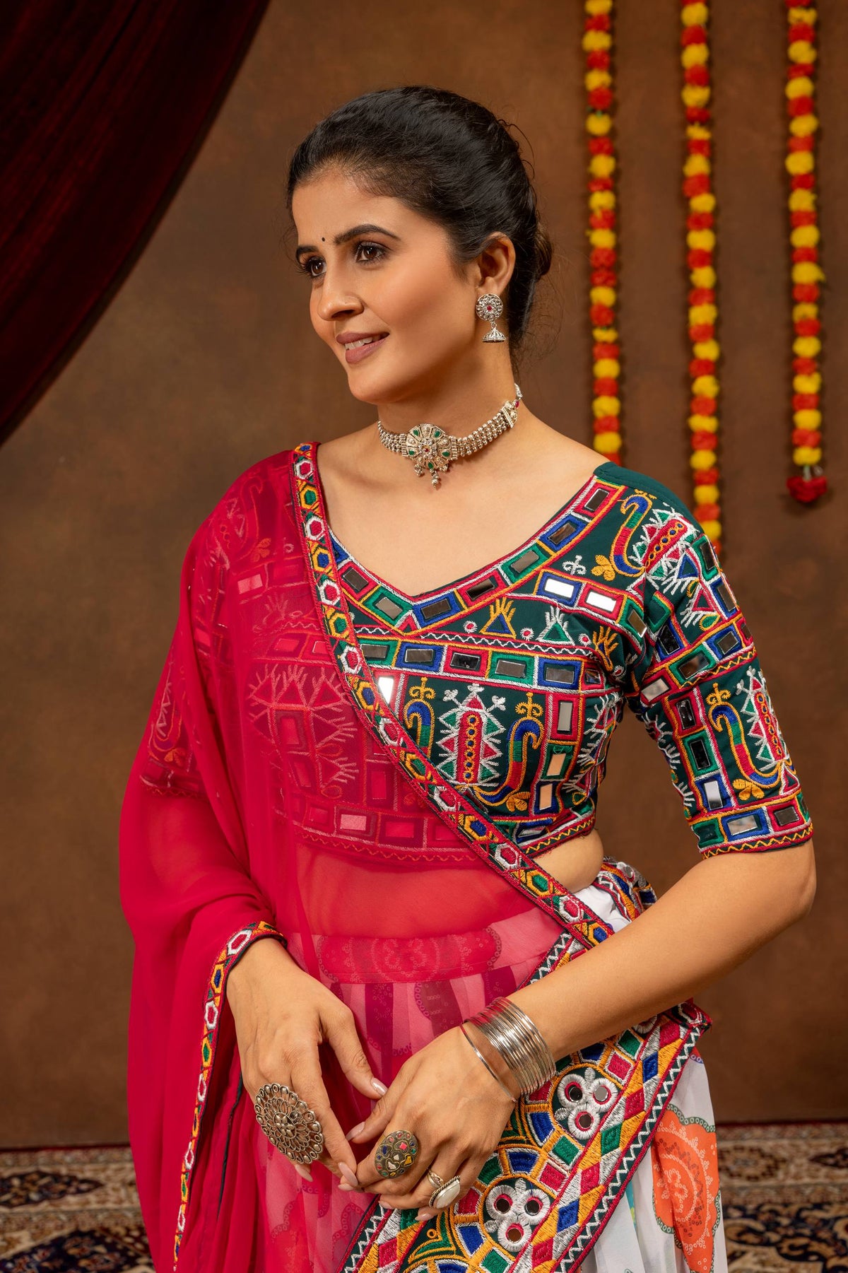 Multi-Color Printed Faux Georgette Navratri Lehenga Choli Set with Mirror Work