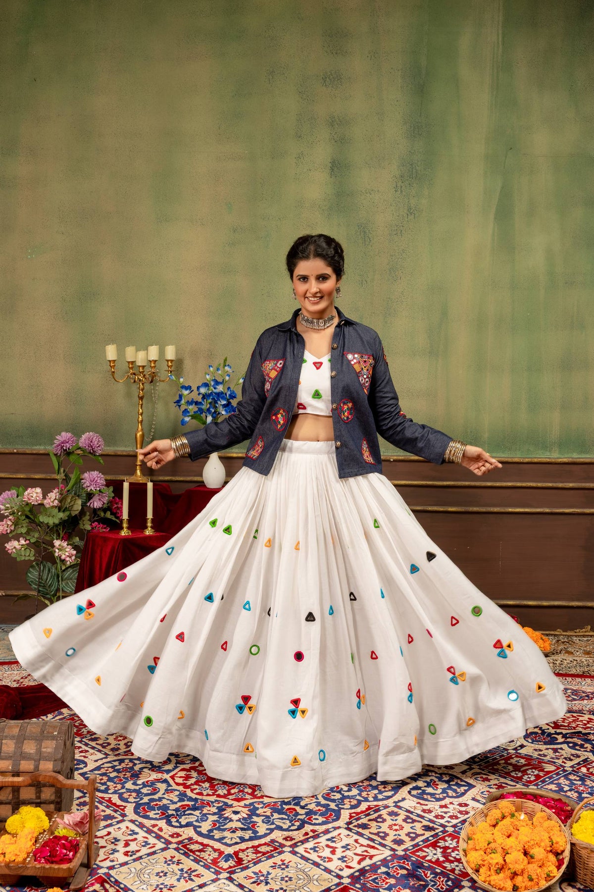 Navratri Fusion Rayon Cotton Lehenga & Gamthi Denim Jacket Set