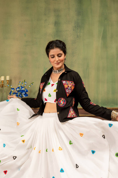 Navratri Fusion Rayon Cotton Lehenga & Gamthi Denim Jacket Set