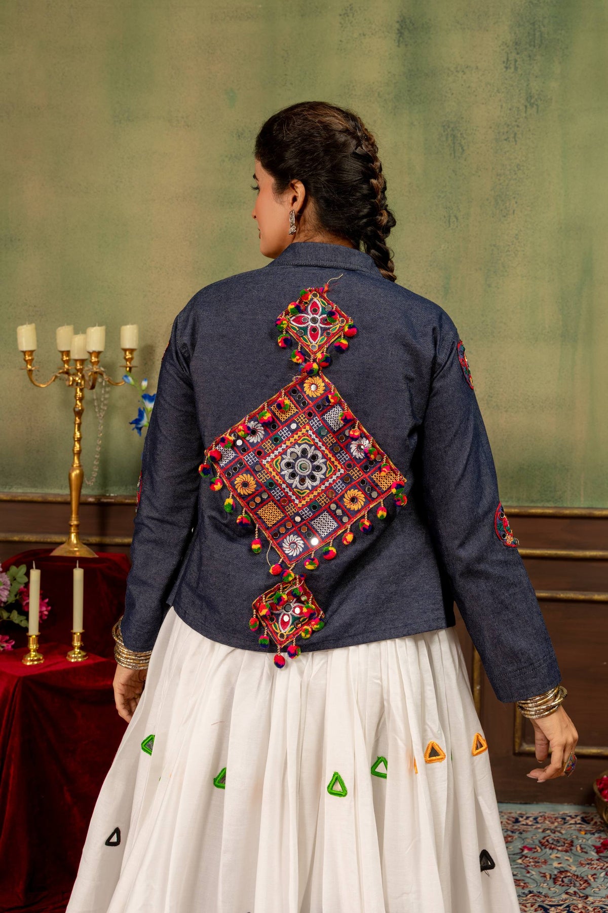 Navratri Fusion Rayon Cotton Lehenga & Gamthi Denim Jacket Set