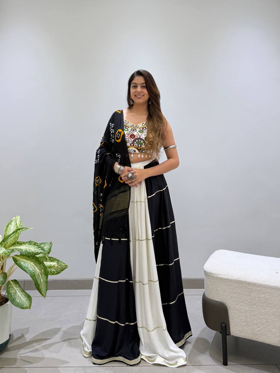 Navratri Special Rayon Lehenga Choli Set – Mirror Work Blouse + Bandhani Dupatta – Free Size