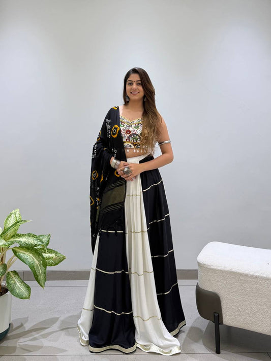 Navratri Special Rayon Lehenga Choli Set – Mirror Work Blouse + Bandhani Dupatta – Free Size