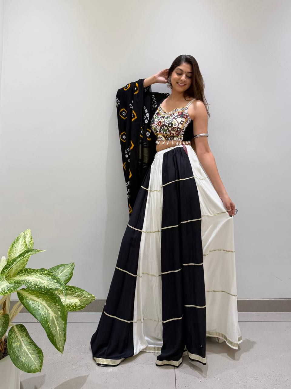Navratri Special Rayon Lehenga Choli Set – Mirror Work Blouse + Bandhani Dupatta – Free Size