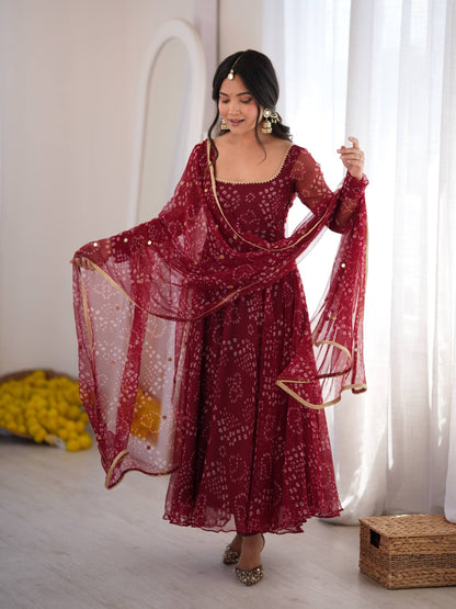 Maroon Bandhani Print Anarkali Set with Embroidery Lace Work & Dupatta