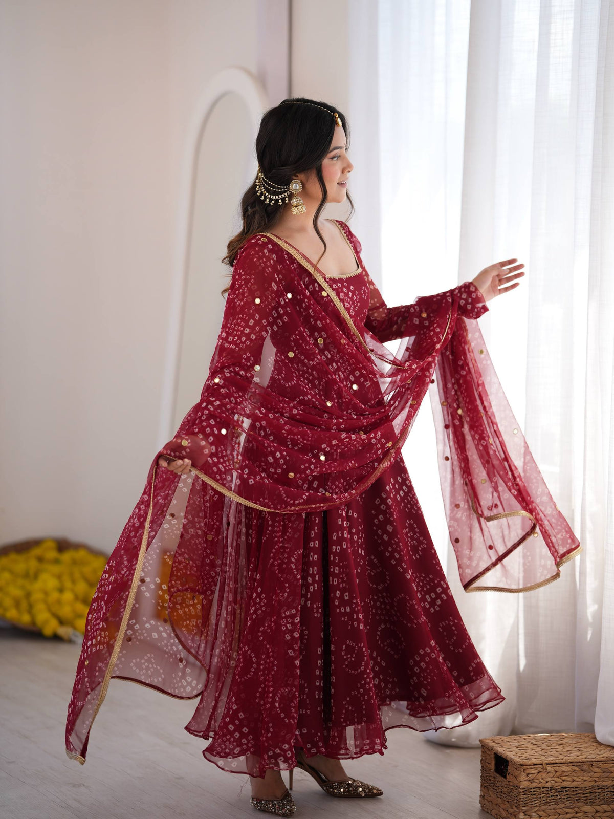 Maroon Bandhani Print Anarkali Set with Embroidery Lace Work & Dupatta