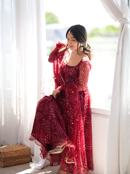 Maroon Bandhani Print Anarkali Set with Embroidery Lace Work & Dupatta
