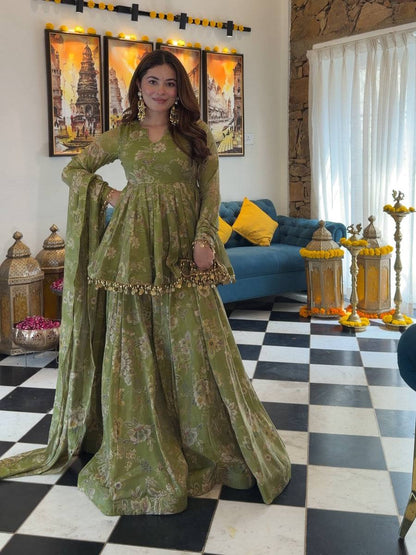 Olive Green Floral Digital Print Sharara Set with Coin Lace & Dupatta