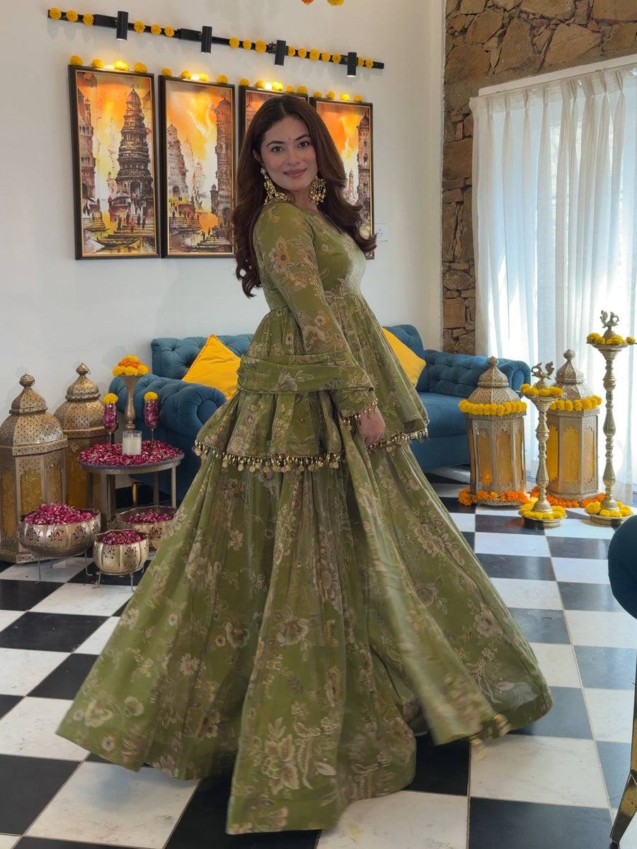 Olive Green Floral Digital Print Sharara Set with Coin Lace & Dupatta