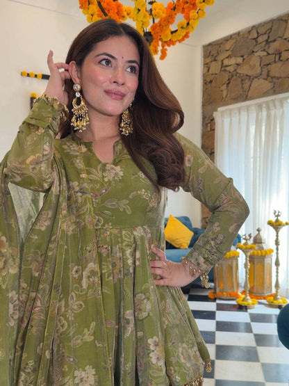 Olive Green Floral Digital Print Sharara Set with Coin Lace & Dupatta