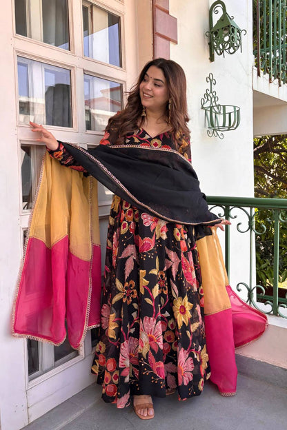 Black Multicolor Floral Digital Print Anarkali Gown with Pink Organza Dupatta