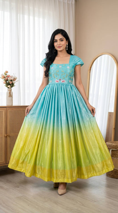 Ombre Shaded Swan Embroidered Anarkali Gown – Available in 3 Colors
