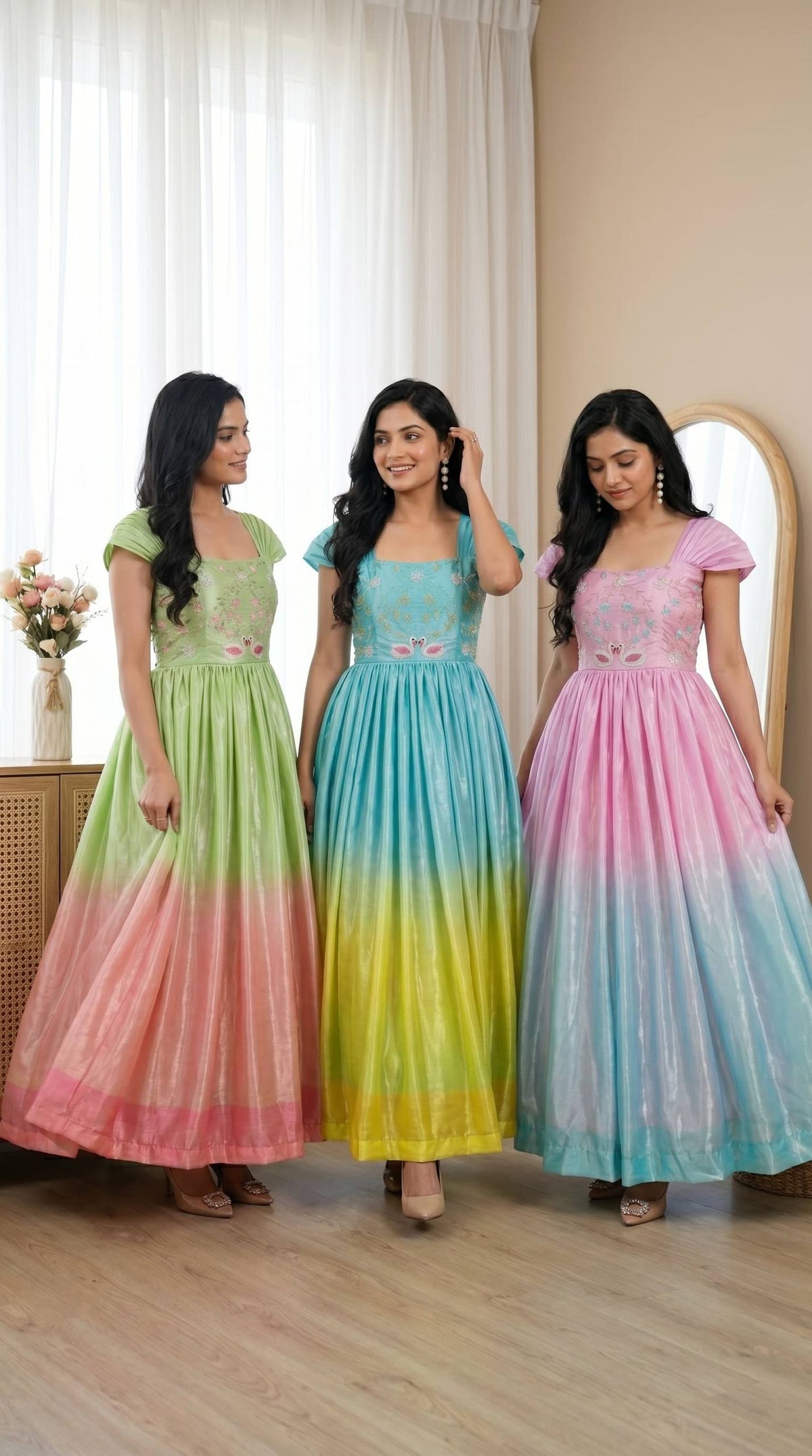 Ombre Shaded Swan Embroidered Anarkali Gown – Available in 3 Colors