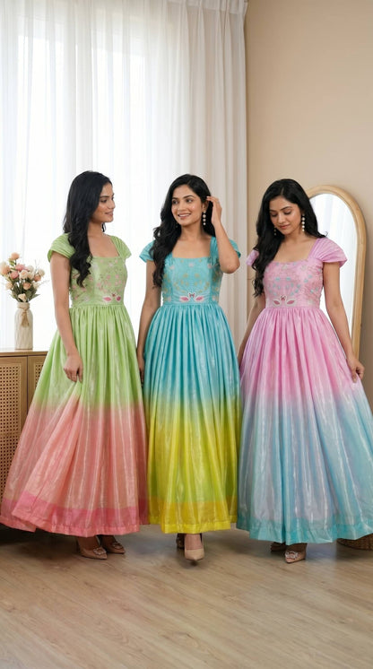Ombre Shaded Swan Embroidered Anarkali Gown – Available in 3 Colors