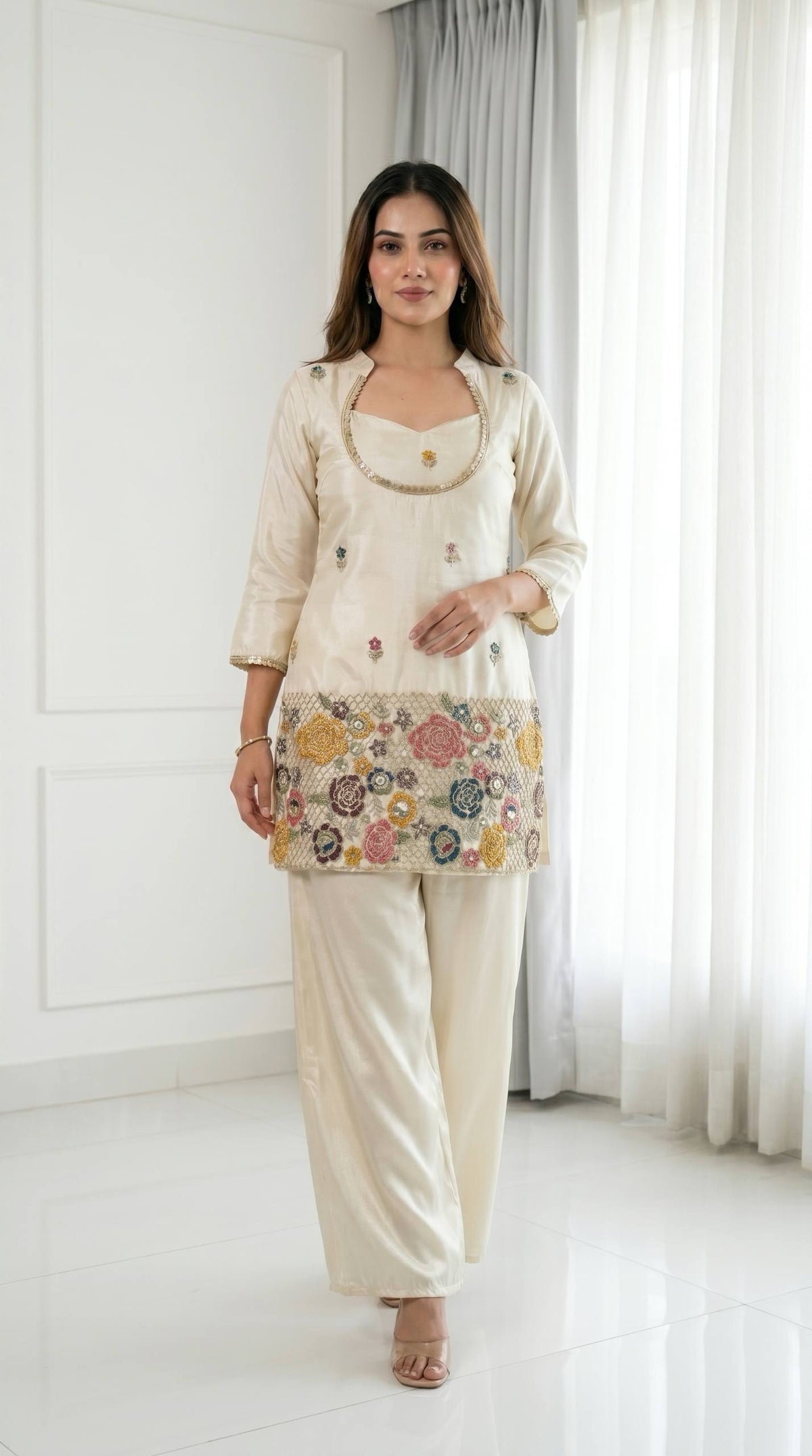 Cream Shimmer Chinon Kurti Pant Set with Kardana Beads Embroidery