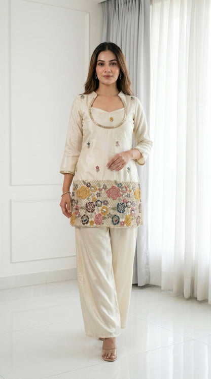 Cream Shimmer Chinon Kurti Pant Set with Kardana Beads Embroidery