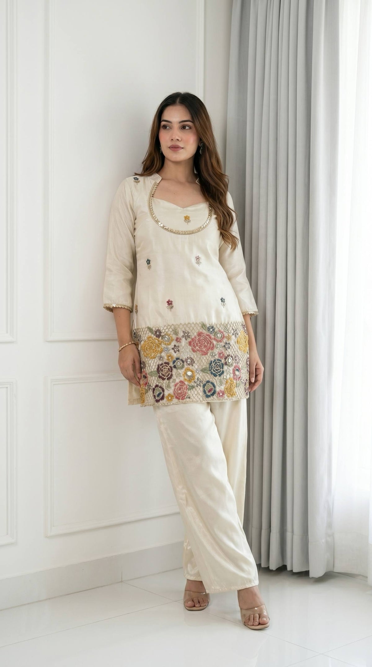 Cream Shimmer Chinon Kurti Pant Set with Kardana Beads Embroidery