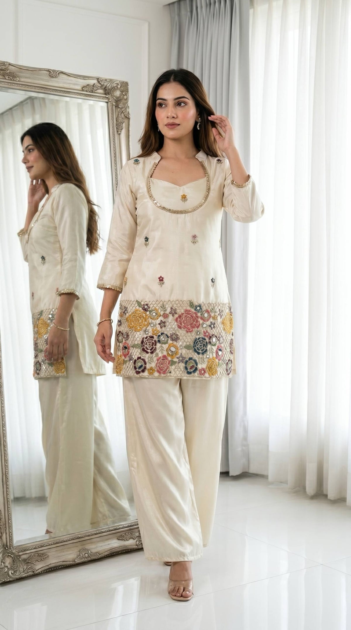 Cream Shimmer Chinon Kurti Pant Set with Kardana Beads Embroidery