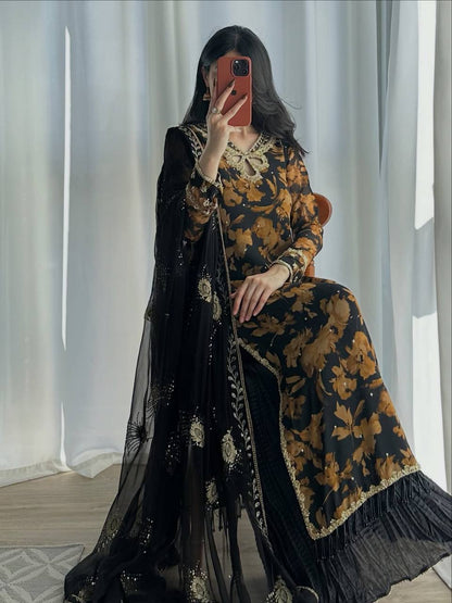 Black & Mustard Floral Digital Print Georgette Suit Set with Embroidery Sequence Work