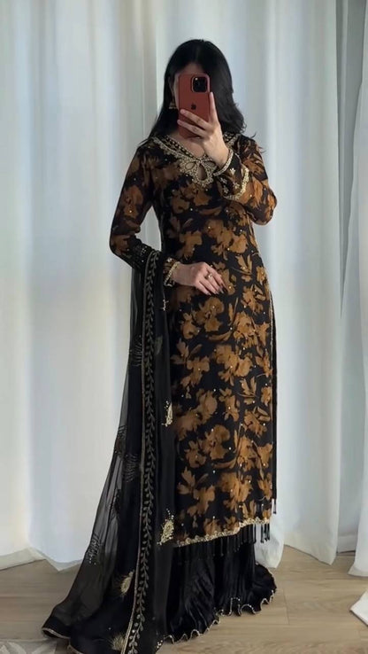 Black & Mustard Floral Digital Print Georgette Suit Set with Embroidery Sequence Work