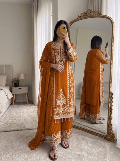 Heavy Embroidered Georgette Palazzo Suit Set – Available in 6 Colors