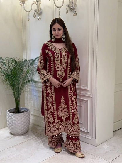 Heavy Embroidered Georgette Palazzo Suit Set – Available in 6 Colors