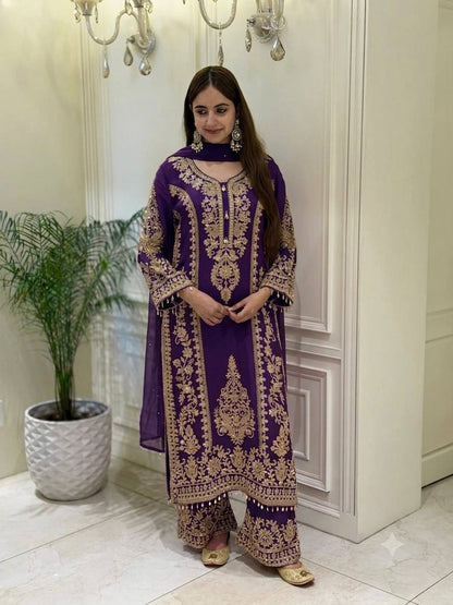 Heavy Embroidered Georgette Palazzo Suit Set – Available in 6 Colors