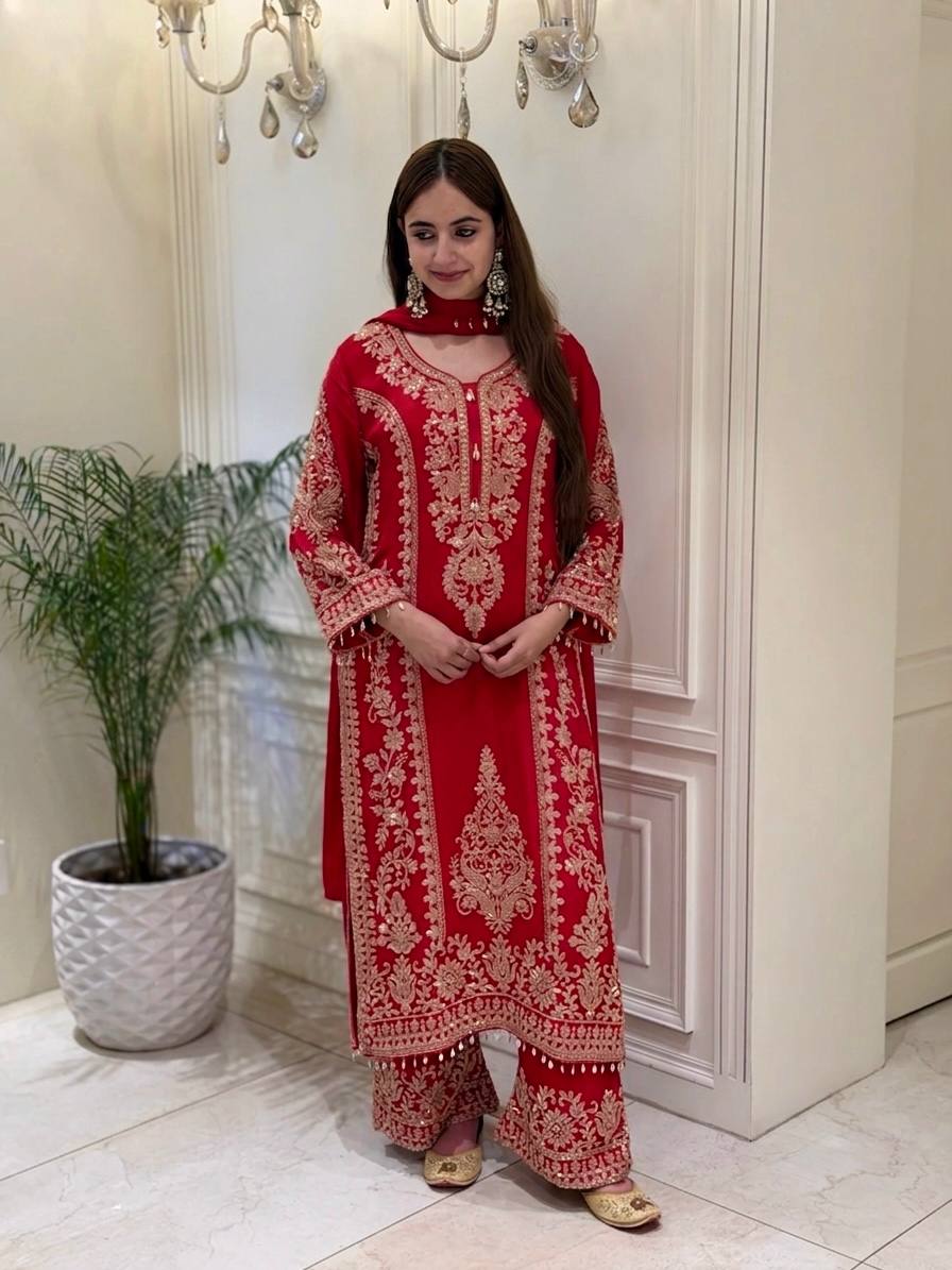 Heavy Embroidered Georgette Palazzo Suit Set – Available in 6 Colors