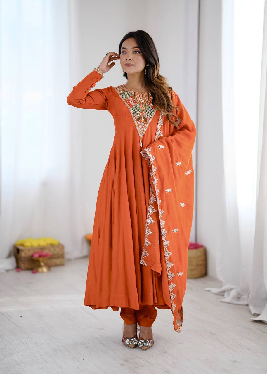 Rust Orange Roman Silk Anarkali Set with Embroidery Sequence Work