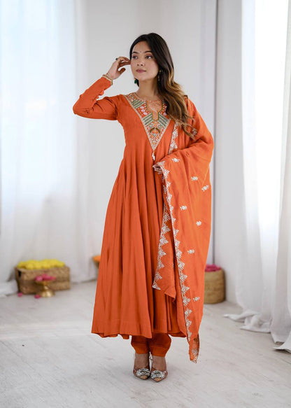 Rust Orange Roman Silk Anarkali Set with Embroidery Sequence Work