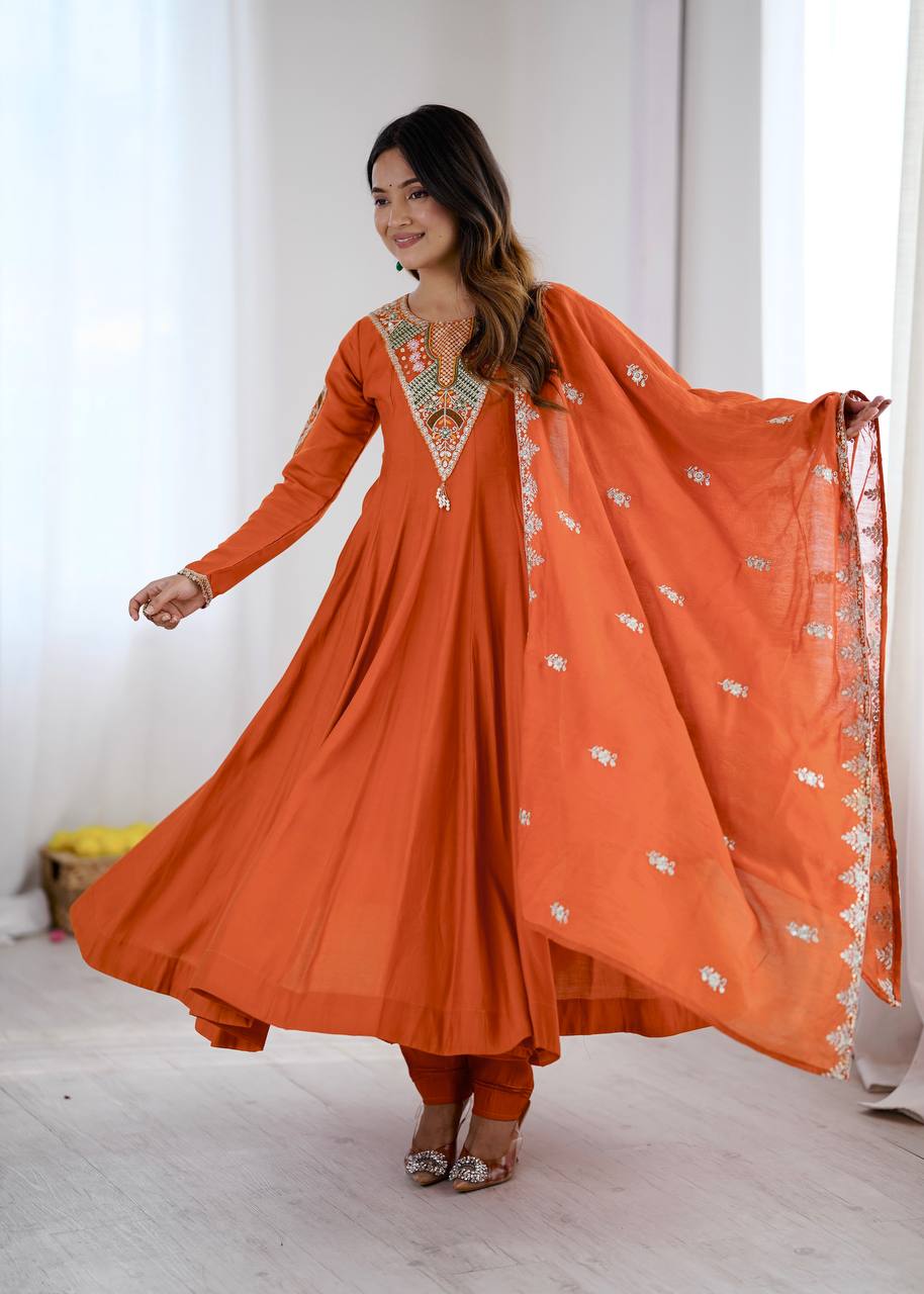Rust Orange Roman Silk Anarkali Set with Embroidery Sequence Work
