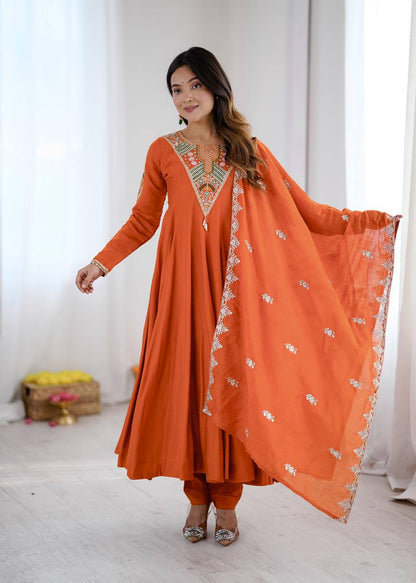Rust Orange Roman Silk Anarkali Set with Embroidery Sequence Work