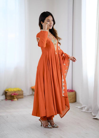 Rust Orange Roman Silk Anarkali Set with Embroidery Sequence Work