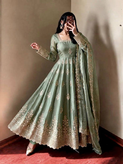 Sage Green Fendy Silk Anarkali Gown with Sequence Embroidery Dupatta