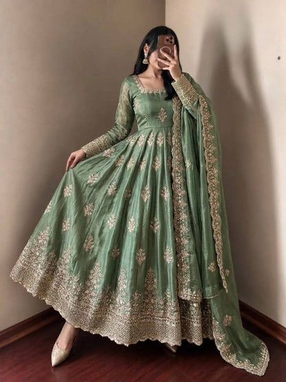 Sage Green Fendy Silk Anarkali Gown with Sequence Embroidery Dupatta