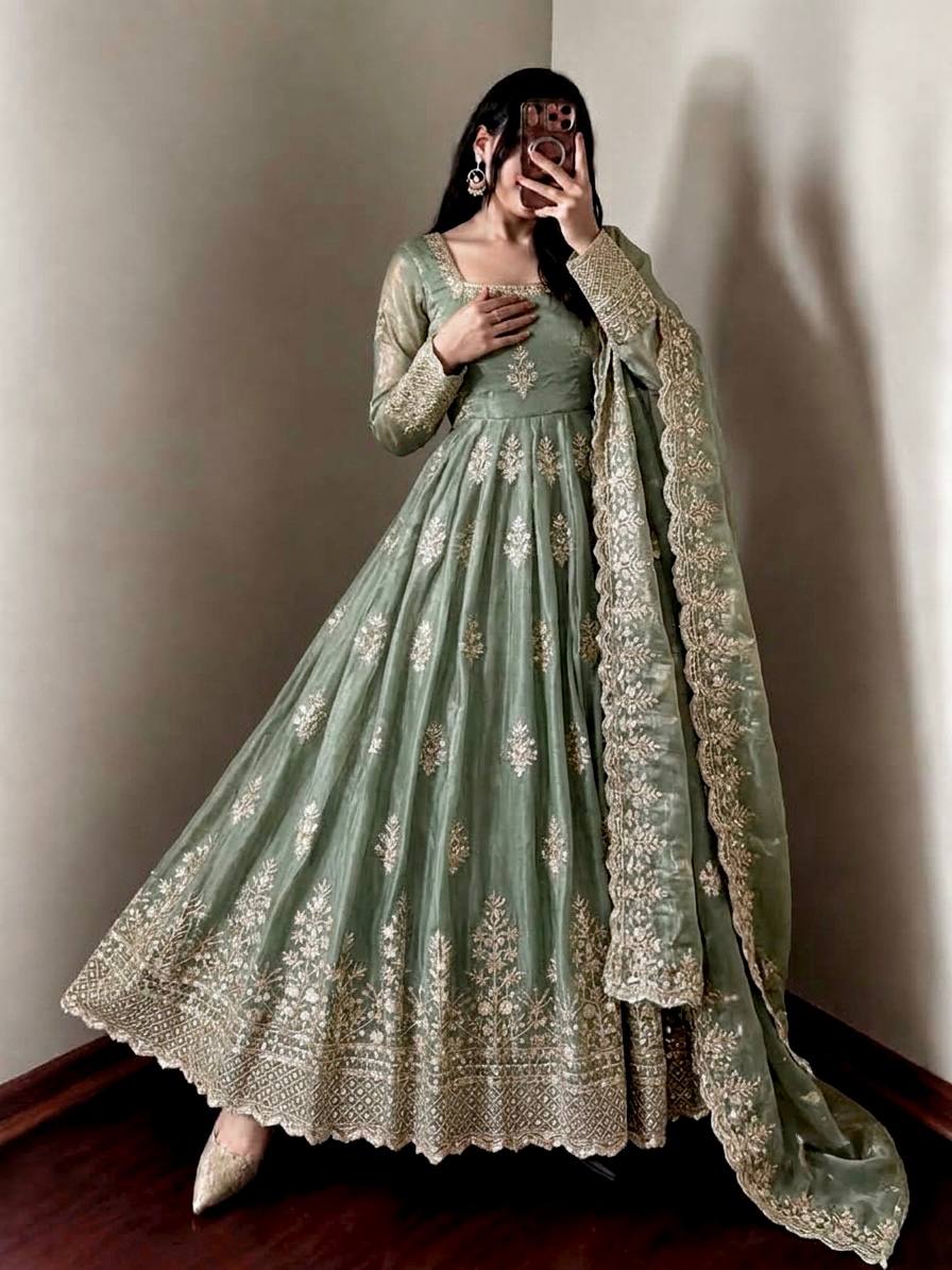 Sage Green Fendy Silk Anarkali Gown with Sequence Embroidery Dupatta