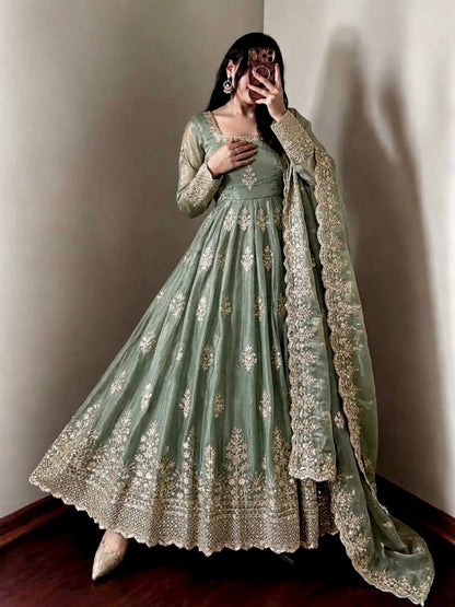 Sage Green Fendy Silk Anarkali Gown with Sequence Embroidery Dupatta