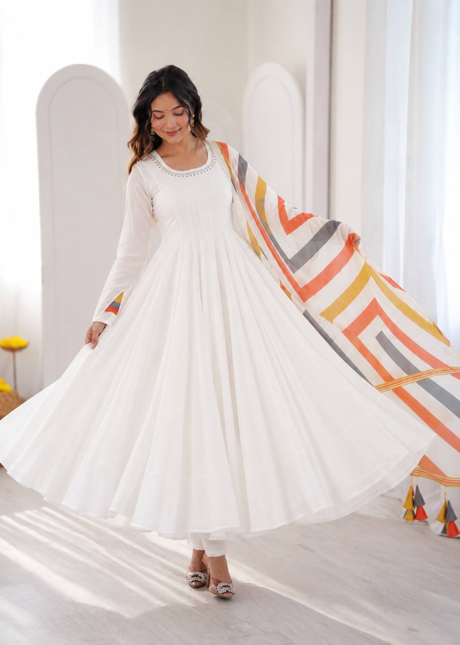 White Cotton Flared Anarkali Suit with Latkan Dupatta
