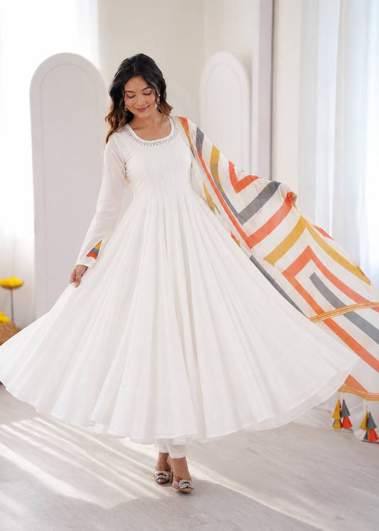White Cotton Flared Anarkali Suit with Latkan Dupatta
