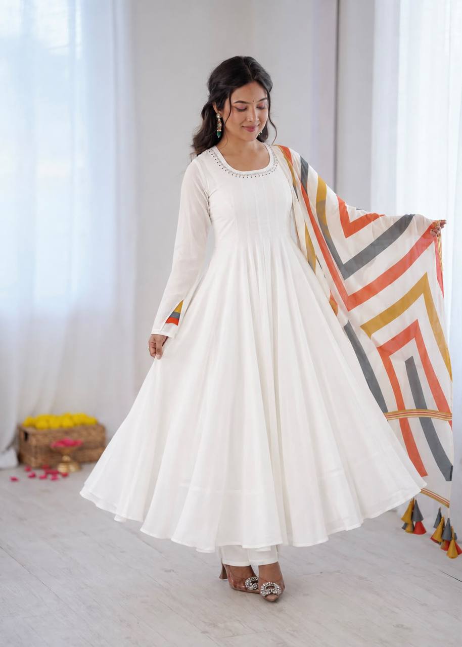 White Cotton Flared Anarkali Suit with Latkan Dupatta