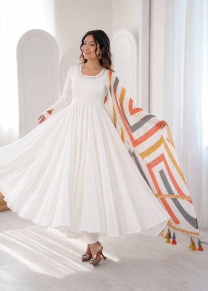 White Cotton Flared Anarkali Suit with Latkan Dupatta