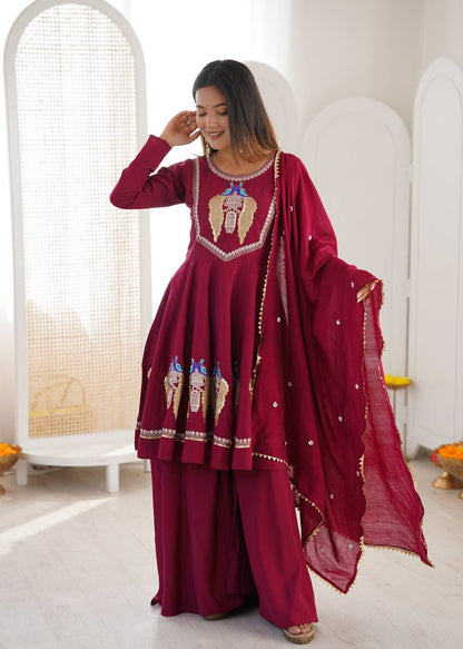 Maroon Silk Sharara Suit Set with Embroidery & Lace Border Dupatta