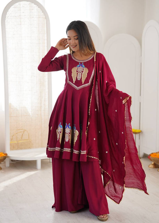 Maroon Silk Sharara Suit Set with Embroidery & Lace Border Dupatta