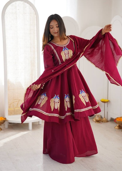 Maroon Silk Sharara Suit Set with Embroidery & Lace Border Dupatta