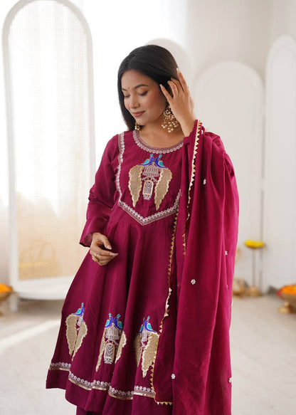 Maroon Silk Sharara Suit Set with Embroidery & Lace Border Dupatta