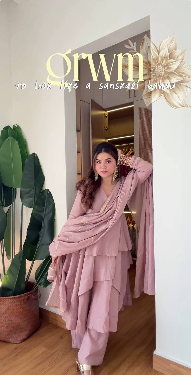 Dusty Pink Mal Chanderi Ruffle Layered Suit Set with Sharara Palazzo