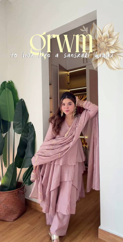 Dusty Pink Mal Chanderi Ruffle Layered Suit Set with Sharara Palazzo
