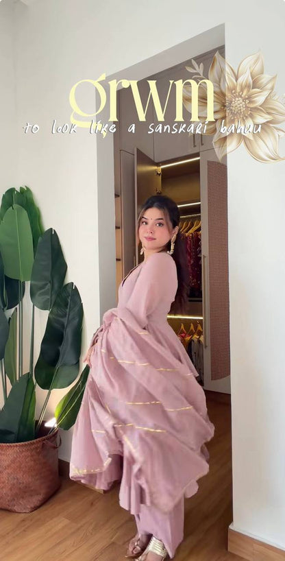Dusty Pink Mal Chanderi Ruffle Layered Suit Set with Sharara Palazzo